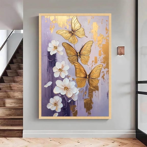 Gold Butterfly Art White Flowers Purple Abstract Print Wall Art