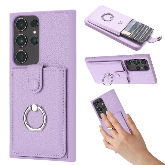 Compatible with Samsung Galaxy S21 Ultra Wallet Phone Case,360°Rotation Finger Ring Holder Kickstand,with Card Holder,Lychee Pattern PU Leather Durable Shockproof Rugged Phone Case,Purple