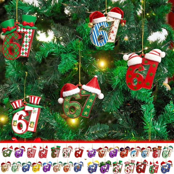 WKSCLPAI New Christmas 67 Ornament, Funny Santa Says Six Seven Acrylic Pendant Decoration for Xmas Tree, Gingerbread, Stripes, Snowflakes, Santa Hats, Memes Theme Holiday Decor, Gifts