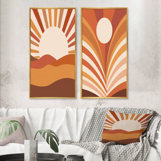 Designart "Midcentury Terracotta Sun Retro Landscape II" Modern Midcentury Framed Wall Art Set Of 2 - Mid-Century Brown Gallery Wall Frame Set For Home Decor