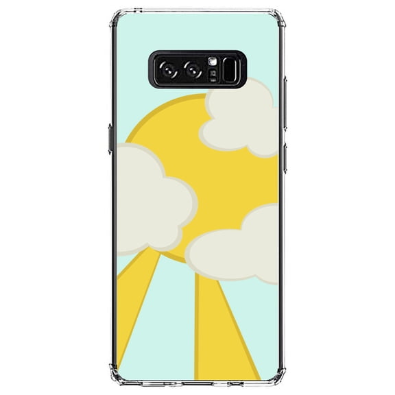DistinctInk Clear Shockproof Hybrid Case for Samsung Galaxy Note 8 - TPU Bumper, Acrylic Back, Tempered Glass Screen Protector - Blue Yellow Sun Sky Clouds