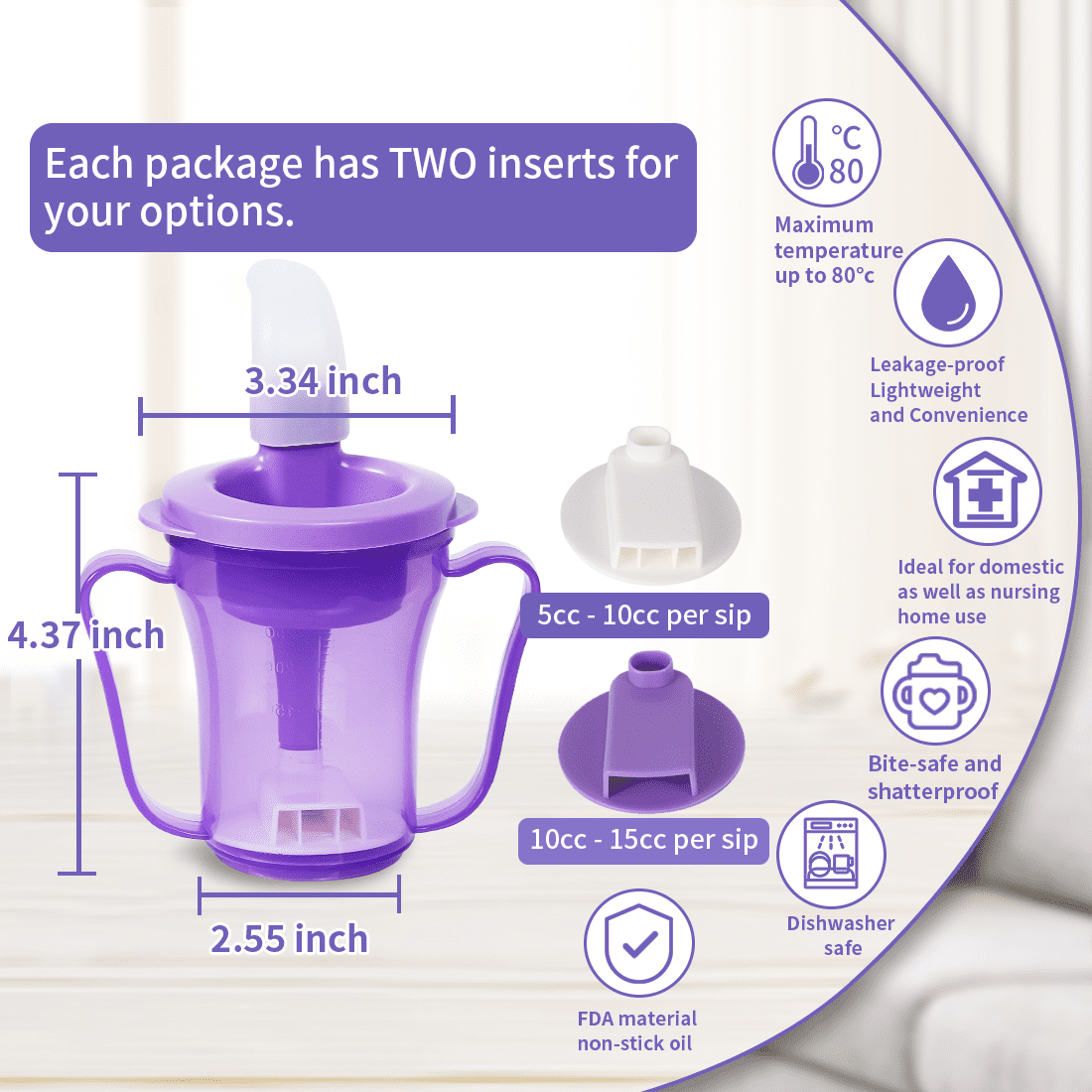 Ehucon Sippy Drinking Cups for Dysphagia FDA Plastic+Silicone 5CC or 10CC, Purple