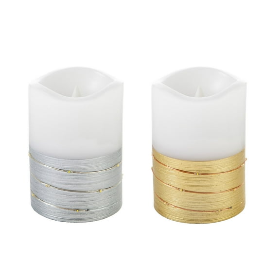LED Half Metallic Swirl Flameless Candle with Timer Function, 2 Assorted, Gold/Silver, 3.5'' x 3.5'' x 5'' inches
