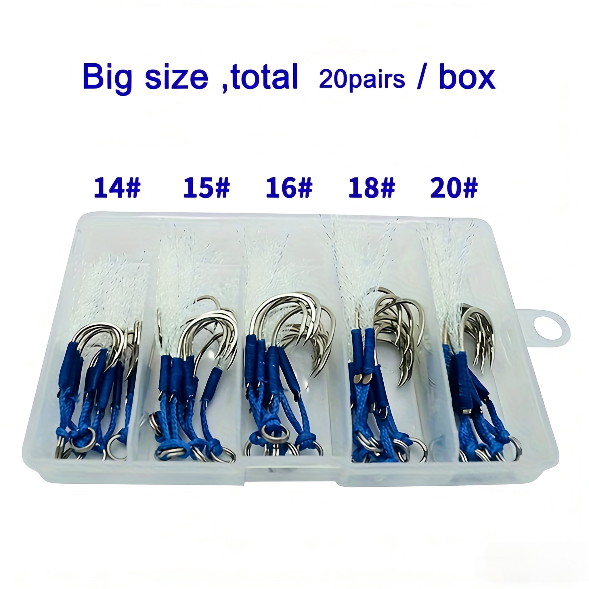 40 pcs/20 pairs of tied hair hooks for boat fishing, trolling, sea fishing, and lure hooks, blood channel iron plate double hooks. Tackle Box, for freshwater and saltwater,14#, 15#, 16#, 18#, 20#