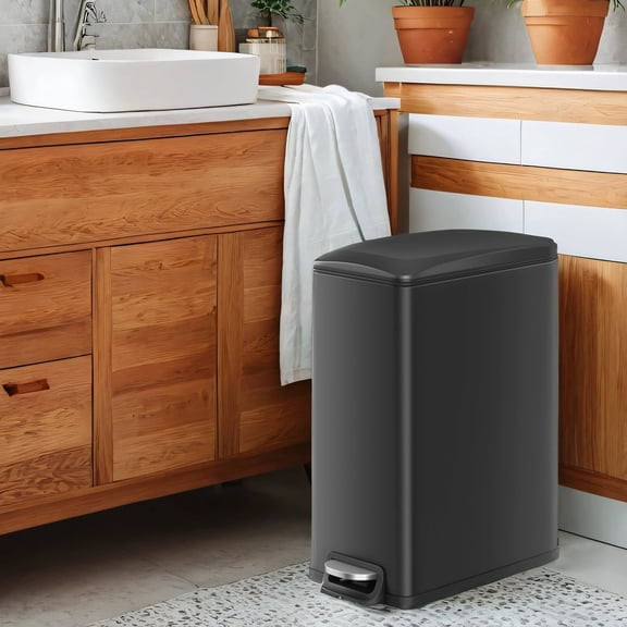 LEDREM 13 Gallon Slim Trash Can, Soft-Close Lid with Inner Bucket & Pedal, Narrow Space Kitchen Bin, Black