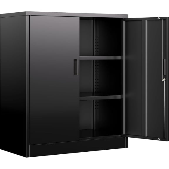 Metal Garage Storage Cabinet with 2 Locking Doors and 2 Adjustable Shelves, 36" Black Metal Short Storage Cabinet for Home Office,Garage,School