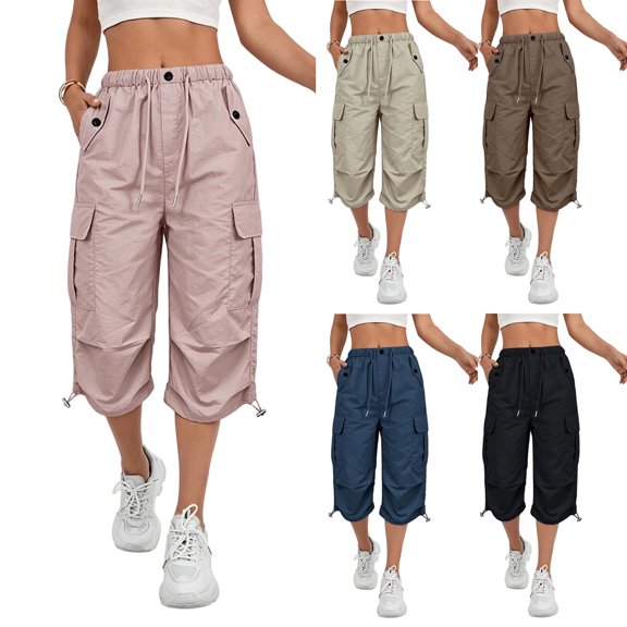 SwiftWear Women's High Waist Cargo Capri Pants Straight Leg Loose Pants with Pockets Drawstring Elastic Waist
