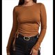 thumbnail image 2 of Camisa Corta de Cuello Redondo, Larga y Cordón Lateral para Mujer, Ajustada, Acanalada Marrón y Amarillo M, 2 of 6