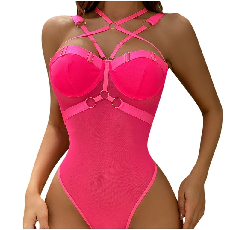 XFLWAM Women Mesh Sheer Lingerie Set Strappy Teddy Bodysuit One Piece  Babydoll Hot Pink S 