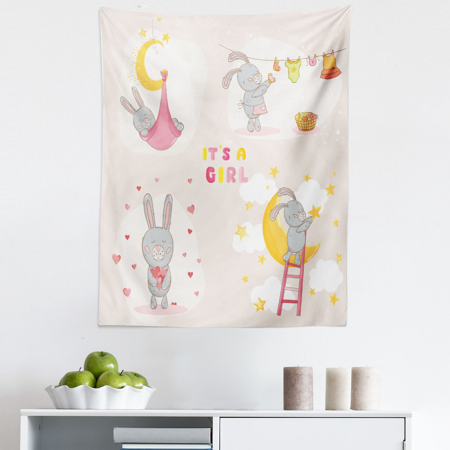Feminine Tapestry, Bunny Rabbit Sleeping Doing Laundry Picking Stars ...