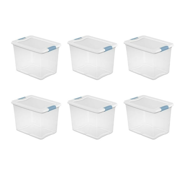 25 Qt Latching Storage Box, Stackable Bin with Latch Lid, Plastic Container to Organize Closet Shelf, Clear with White Lid, 6-Pack