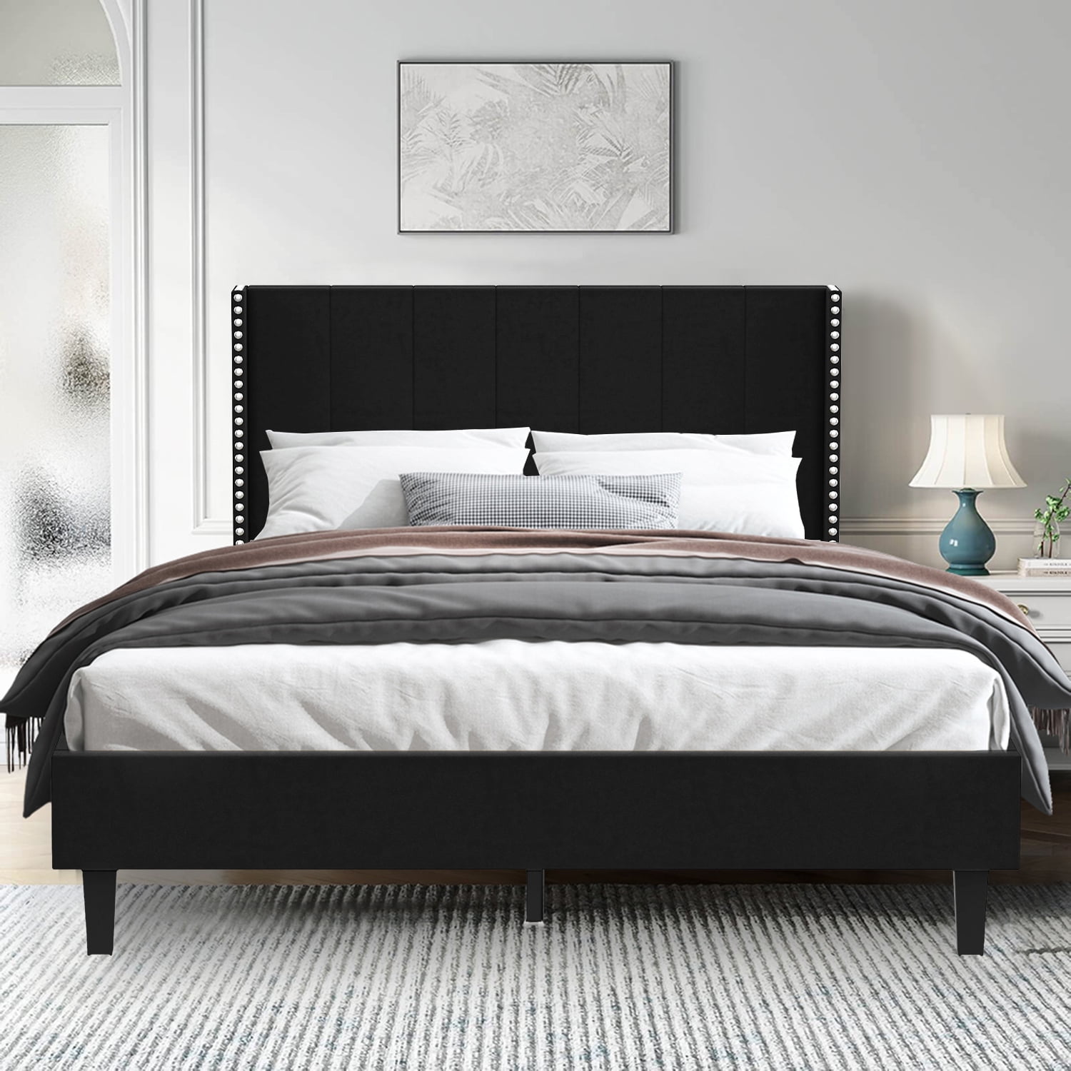 SESSLIFE Full Bed Frame with Soft Upholstered Headboard, Platform Bed Frame with Wood Salt