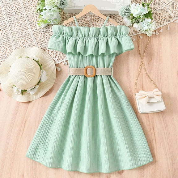 Chiffon Midi Dresses for Girls with Belt Size 6-13 Teens Kids Trendy Off Shoulder Solid Color Ruffle A-Line Vacation Beach Dress