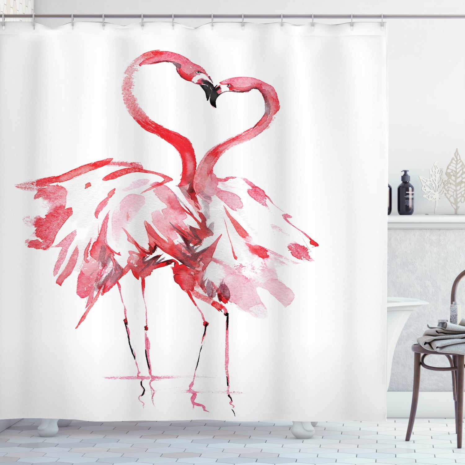 Pink Flamingo Feather Water Waterproof Fabric Shower Curtain Set For Bathroom