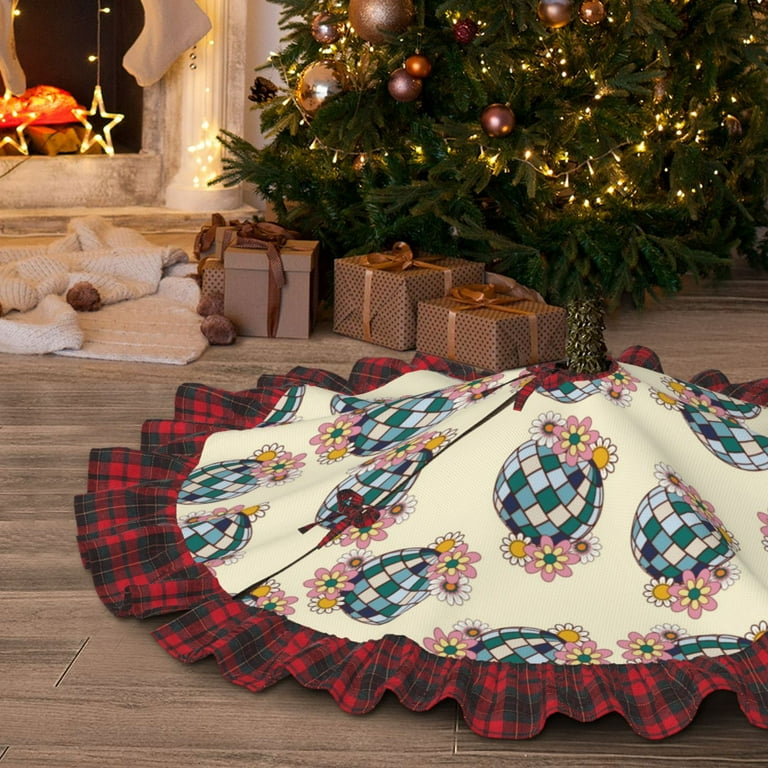 Qekee 70s Disco Ball Print Christmas Tree Skirt Xmas Trees Holiday Party Indoor Outdoor Christmas Tree Mat Decoration with Plaid Lace 30 Walmart