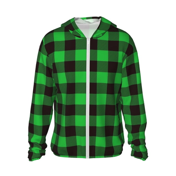 Fotbe Buffalo Plaid Green Black Chaqueta con Protección Solar UPF 50+ para Hombre y Mujer, Camisa con Capucha y Bolsillos-Small