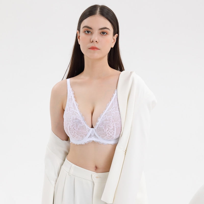Wingslove Women's Sexy Sheer Lace Bra Underwire Unlined Plunge See Through Push Up Full Coverage Bra,White 36D
