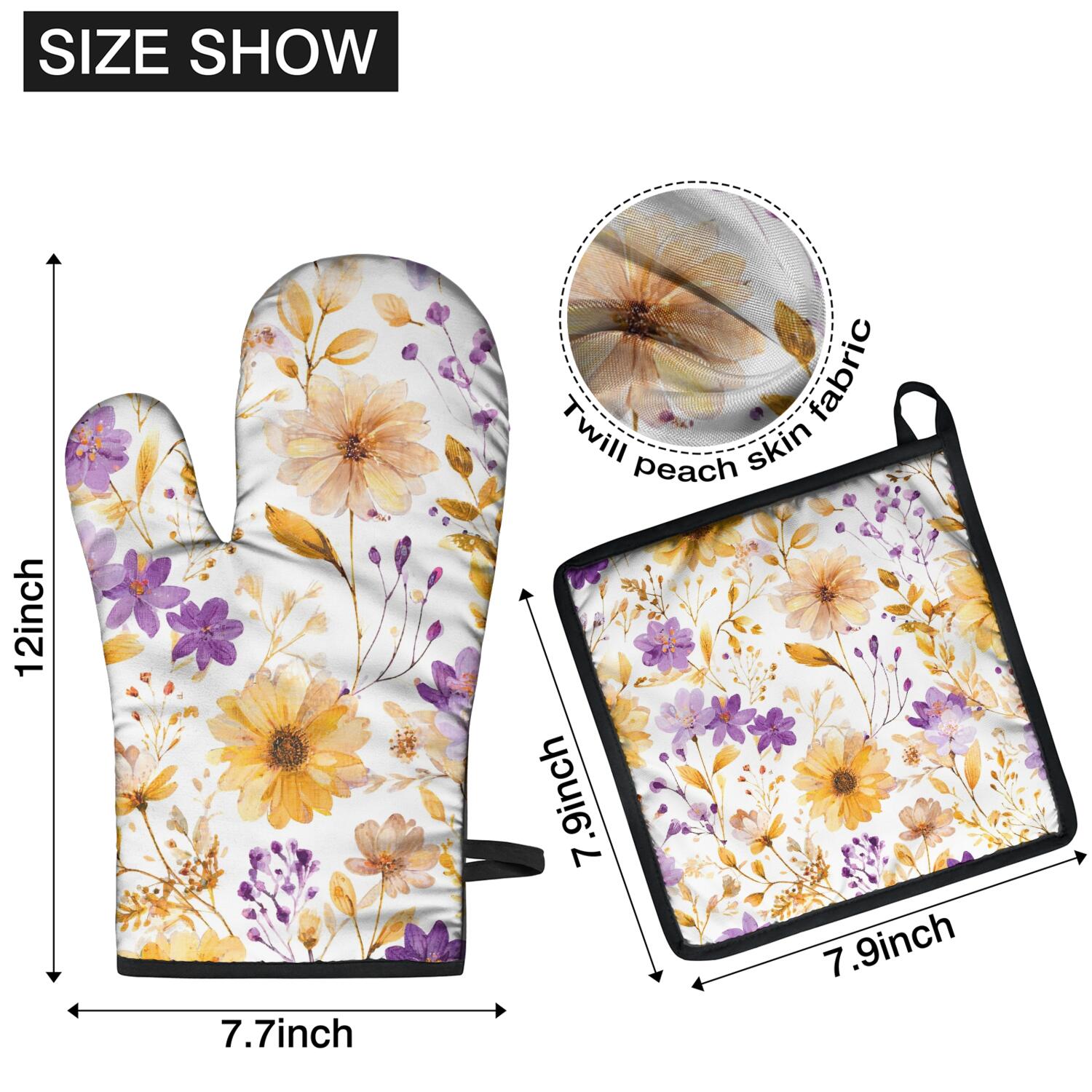 Floral Pattern Oven Mitts and Pot Holders Set Of 4, Heat Resistant Kitchen Gloves with Non-Slip Grip, Hanging Loop, Soft Cotton Lining for Baking, Cooking, Grilling, Barbecue