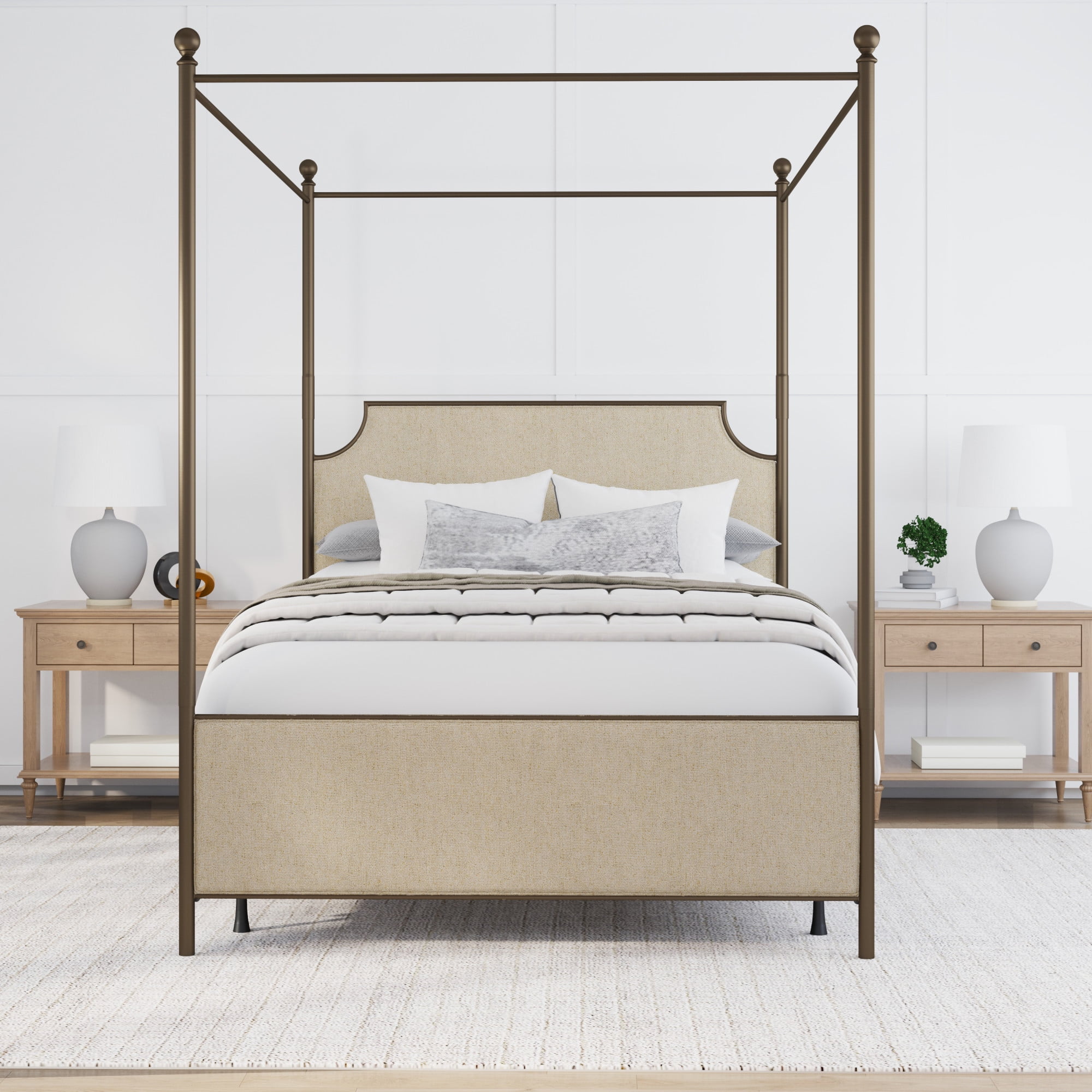 Hillsdale Furniture McArthur Metal Upholstered Canopy Queen Bed, Bronze with Linen