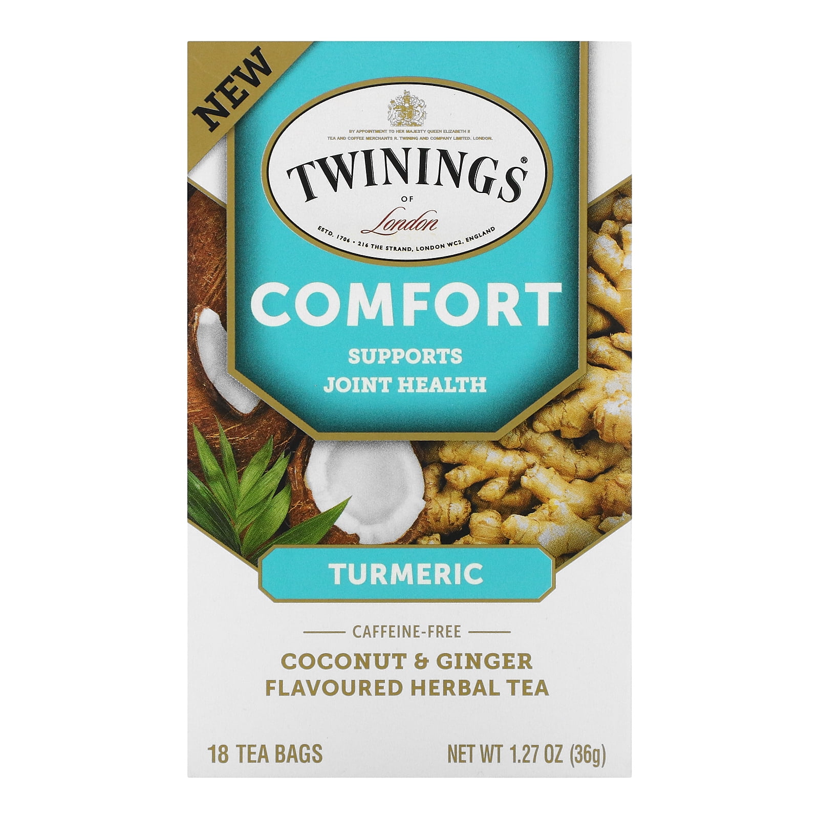 Twinings Comfort Herbal Tea, Turmeric, Coconut & Ginger, Caffeine Free, 18 Tea Bags, 1.27 oz (36 g)