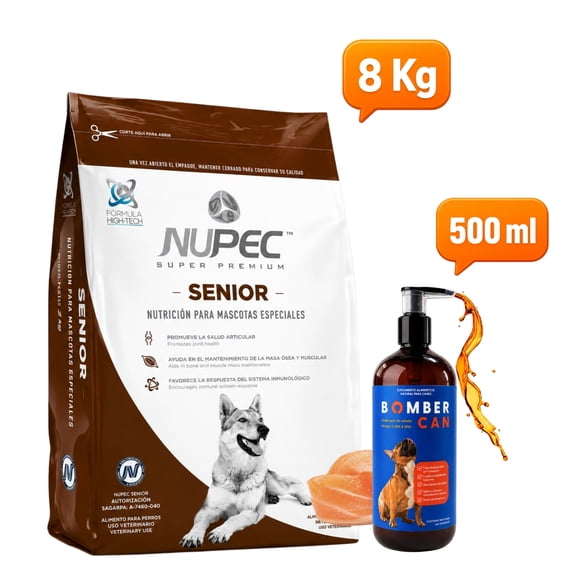 Croquetas Nupec Senior Razas Grandes 8 Kg con Bomber can aceite de Salmon 500 ml