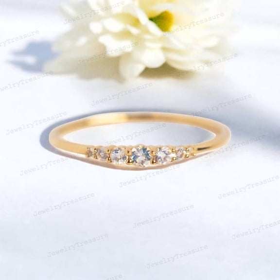 JEWELRYTREASURE Rainbow Monstone Band Yellow Gold Plated Wedding Band Dainty Promise Ring June Birthstone Jewelry Birthday Gift for Mom