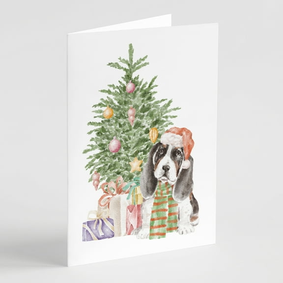Carolines Treasures CK8221GCA7P Basset Hound Puppy Christmas Presents and Tree Greeting Cards and Envelopes Pack of 8 7