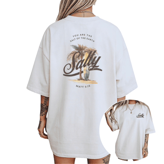 Women's "Salty Salt of the Earth" Surfing Beach Graphic T Shirt Vintage Coastal Christian Short Sleeve Round Neck Top White S-5XL