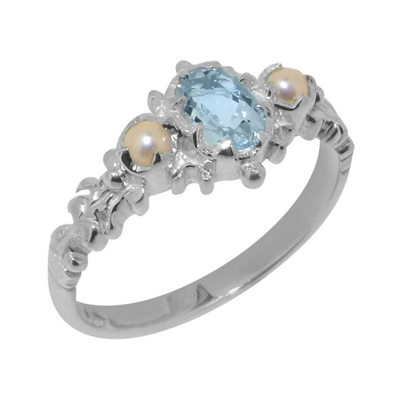 LBG British Made 925 Sterling Silver Natural Aquamarine & Cultured Pearl Womens Anniversary Ring - 33 size options - Size 10