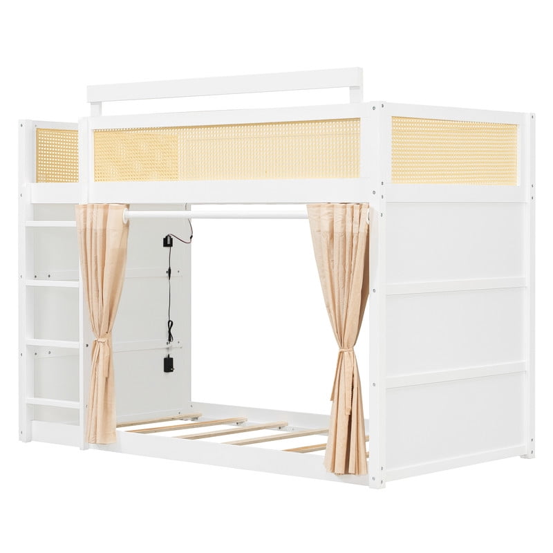 Twin Size Bunk Bed with 3-Tier Storage Shelf, Rattan-Style Design, Privacy Curtains and Built-In Light Strip, Modern Wood Twin Over Twin Bunk Bed Frame with Ladder for Kids Teens