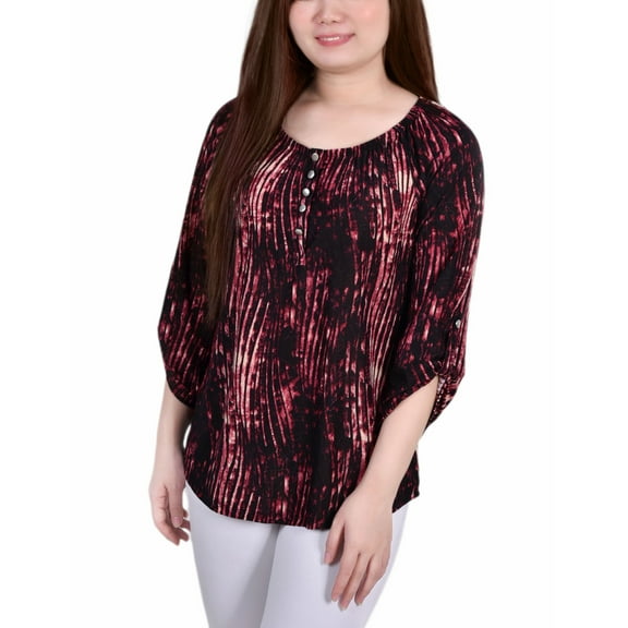 Petite 3/4 Push Tab Round Neck Henley Top Red Swirlbreeze PL