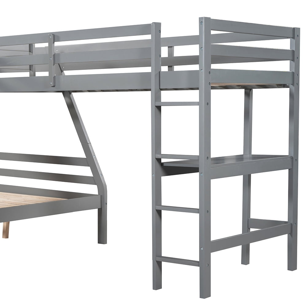 Kadyn Triple Bed Twin-Over-Twin-Over-Full Bed L Shaped Bunk Bed with Built-in Desk, Gray