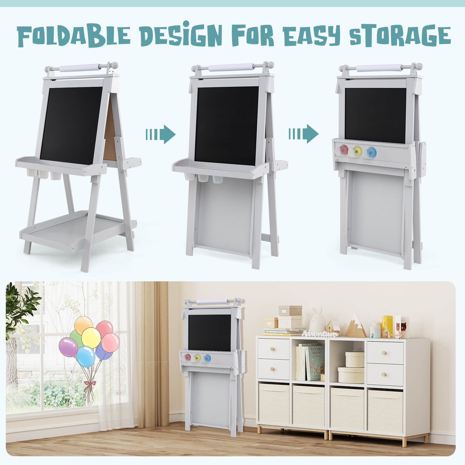 Costway Foldable Easel for Kids 3-in-1 Double-sided Art Easel with Chalkboard Green