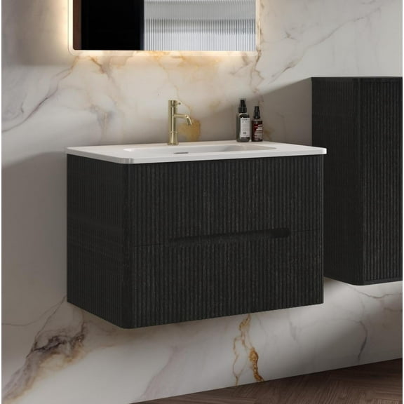CITTANEO 30" Bathroom Vanity with Sink, Modern Bathroom Cabinet with double drawers, Brushed Black Oak