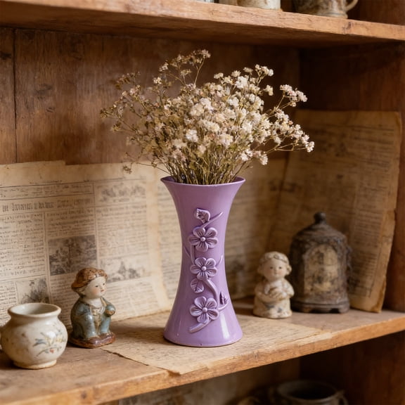 Uandlove Faux Porcelain Plastic Rattan Vase Shatterproof Small Purple Centerpiece for Table Unbreakable Flower Holder Living Room Decor 6.7 Inch
