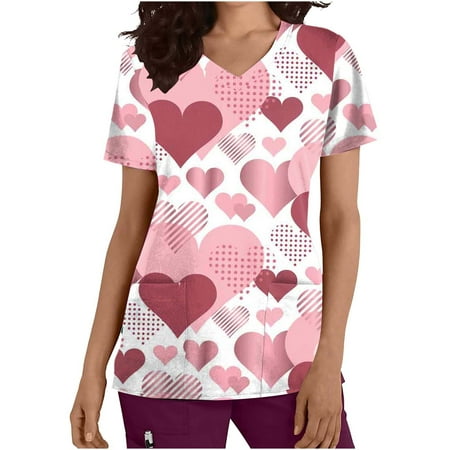 

KIJBLAE Valentine s Day Shirts for Women Sweet Heart Print Tops Working Uniform Clothes for Girls Crewneck T-shirt Short Sleeve Tees Scrub Pocket Tunic Blouses Pink L Sales