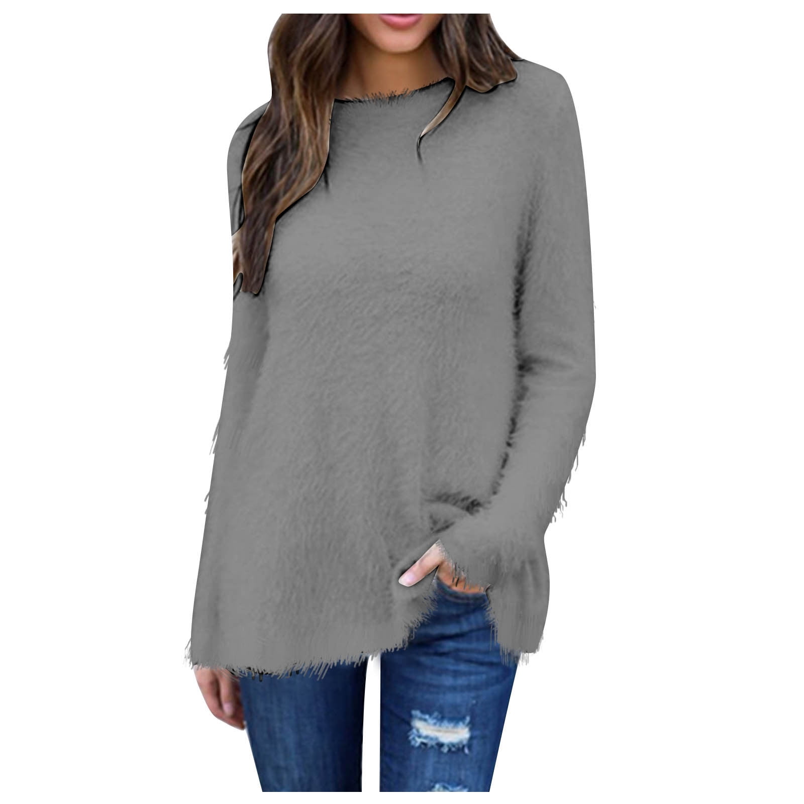 FAIWAD Women's Sweater Long Sleeve Round Neck Sweater Fall Winter Cusual Solid Color Pullover Tops