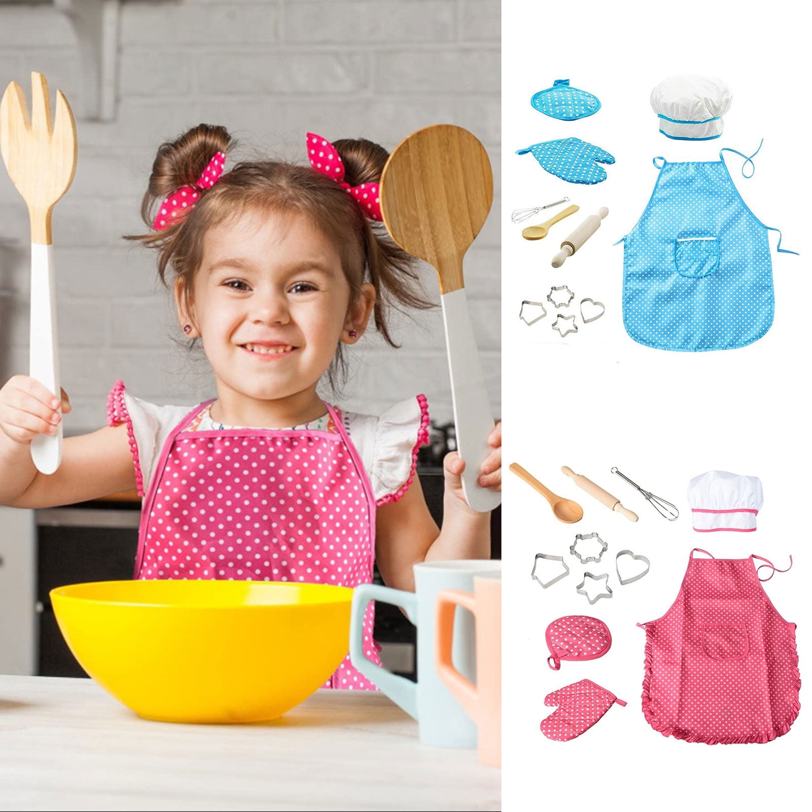 Little Ben Toyze Kids Cooking Aprons for Kids Ages 3-6, 20Pcs/set Little Chef Cooking Toys for Girls Gifts Kids Chef Hat and Apron Girl Kitchen Set for Toddlers Apron