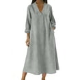 thumbnail image 3 of HBBIKVI Blouson Sleeve Midi Dress for Women Casual Long Sleeve V-Neck Shift Dress with Exterior Pockets and Loose Fit for Everyday Casual Style, 3 of 7