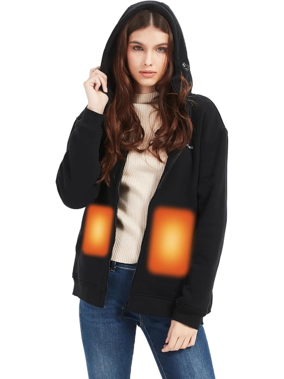 Womens Heated Hoodie with Battery Long sleeve Black Coat
