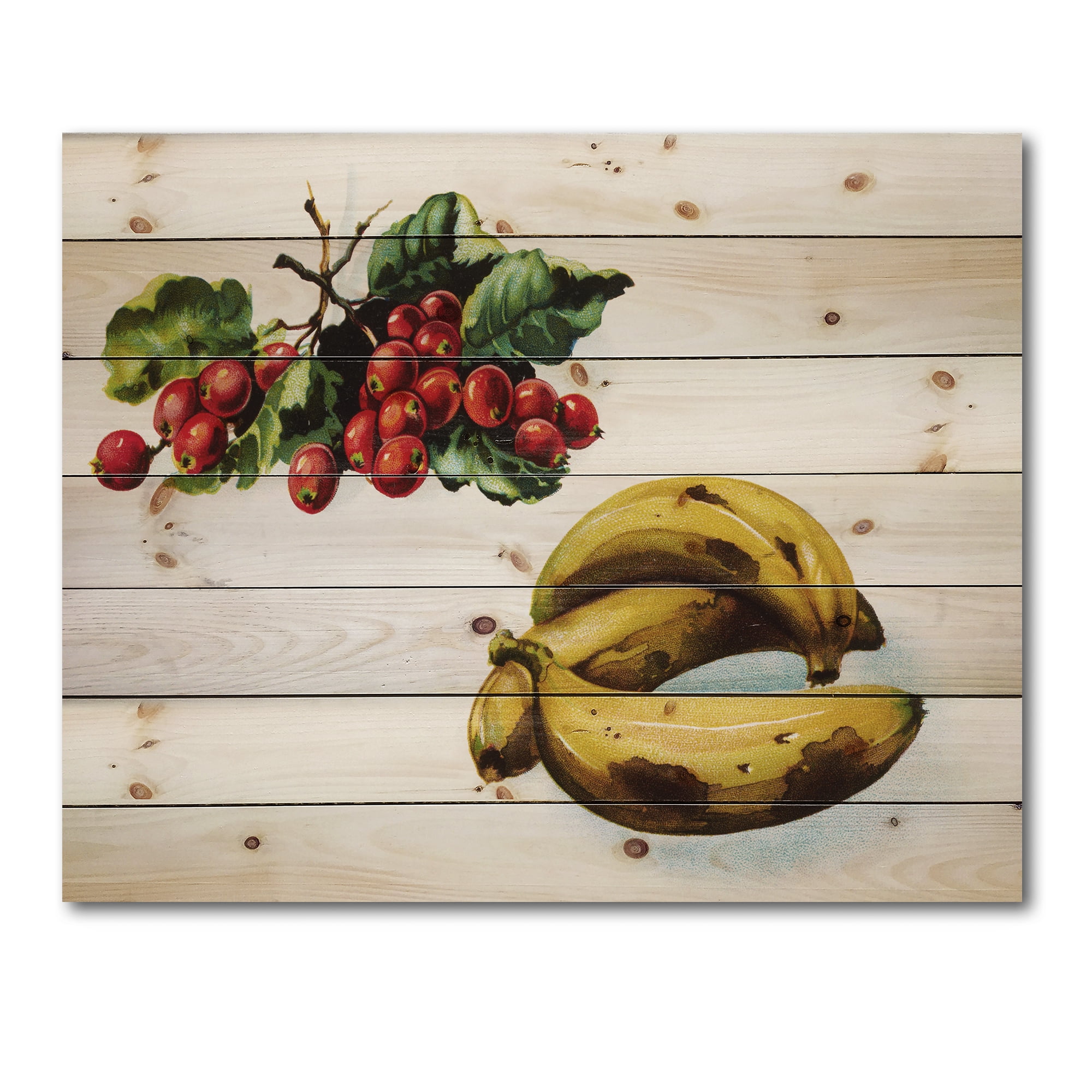 Designart 'Red Berries and Banana' Farmhouse Print on Natural Pine Wood