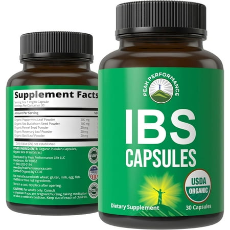 USDA Organic IBS Capsules for Relief, Ingestion, Bloating, Gas. Irritable Bowel Supplement with 5 Handpicked Organic Ingredients. Peppermint Oil, Sea Buckthorn, Fennel Seed, Rosemary Leaf, Basil Leaf