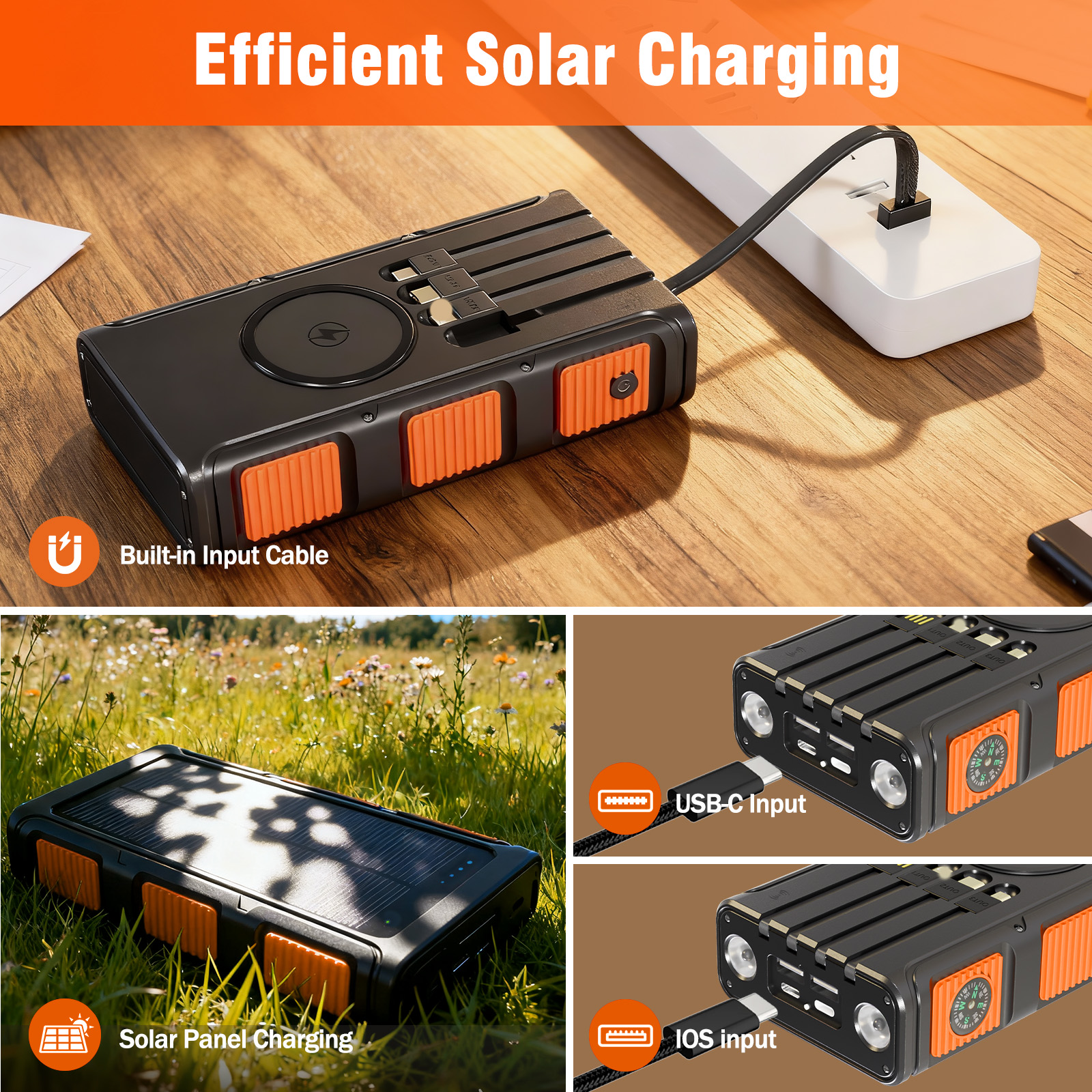 Power Bank Wireless Charger 68800mAh Built in Hand Crank and 4 Cables 15W Fast Charging Power Bank 7 Outputs & 4 Inputs Solar Portable Charger, SOS/Strobe/Strong Flashlights, Compass(Orange)