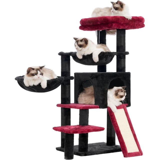Gothic Tree, Tower with condo, 2 Baskets, Large Platform, Scratch Board, Scratching Posts for Indoor Cats, Black and red