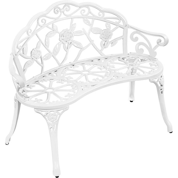 EnjinZZ Patio Garden Bench Park Metal Rose Outdoor Benches, Aluminium Vintage Antique Furniture Chair Outside Benches Weather Proof Bench for Outdoor Porch, Lawn, Balcony, Backyard, White