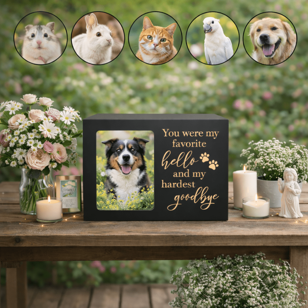 Pet Memorial Urn, Large Wooden Cremation Urn with Photo Frame, Keepsake Memory Box for Dog and Cat Ashes, Black Flannel Lining