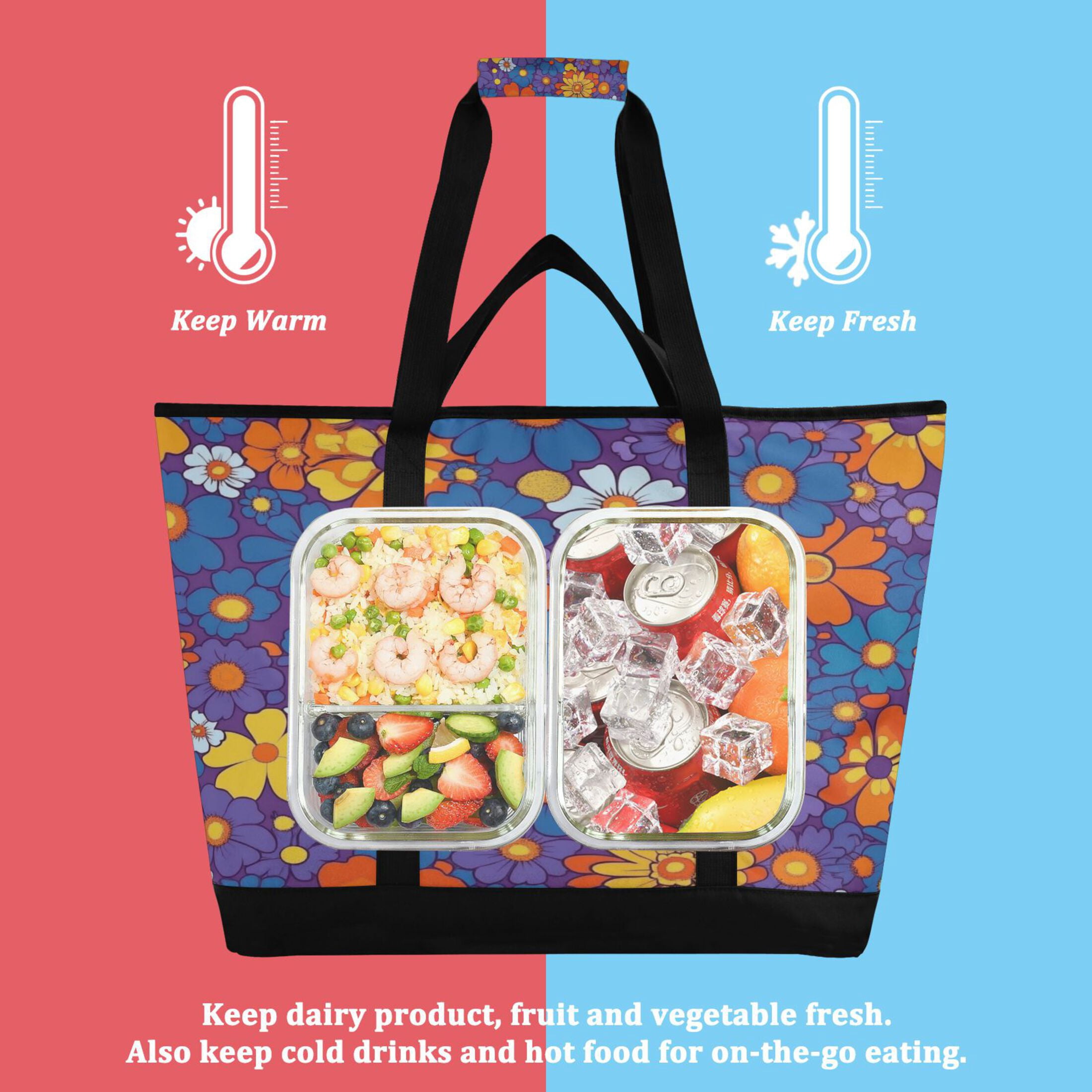 Extra-Large Wide Opening Design Capacity Hand-Held Ice Pack Thickened Insulation Layer For Long-Lasting Cold Retention For Outdoor Shopping Picnics And Camping Realistic Floral Pattern
