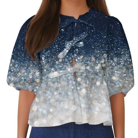 SHTXOZHI Womens Lace Up Front Tops Summer Print Babydoll Shirts Puff Sleeve Cute Blouses 2024