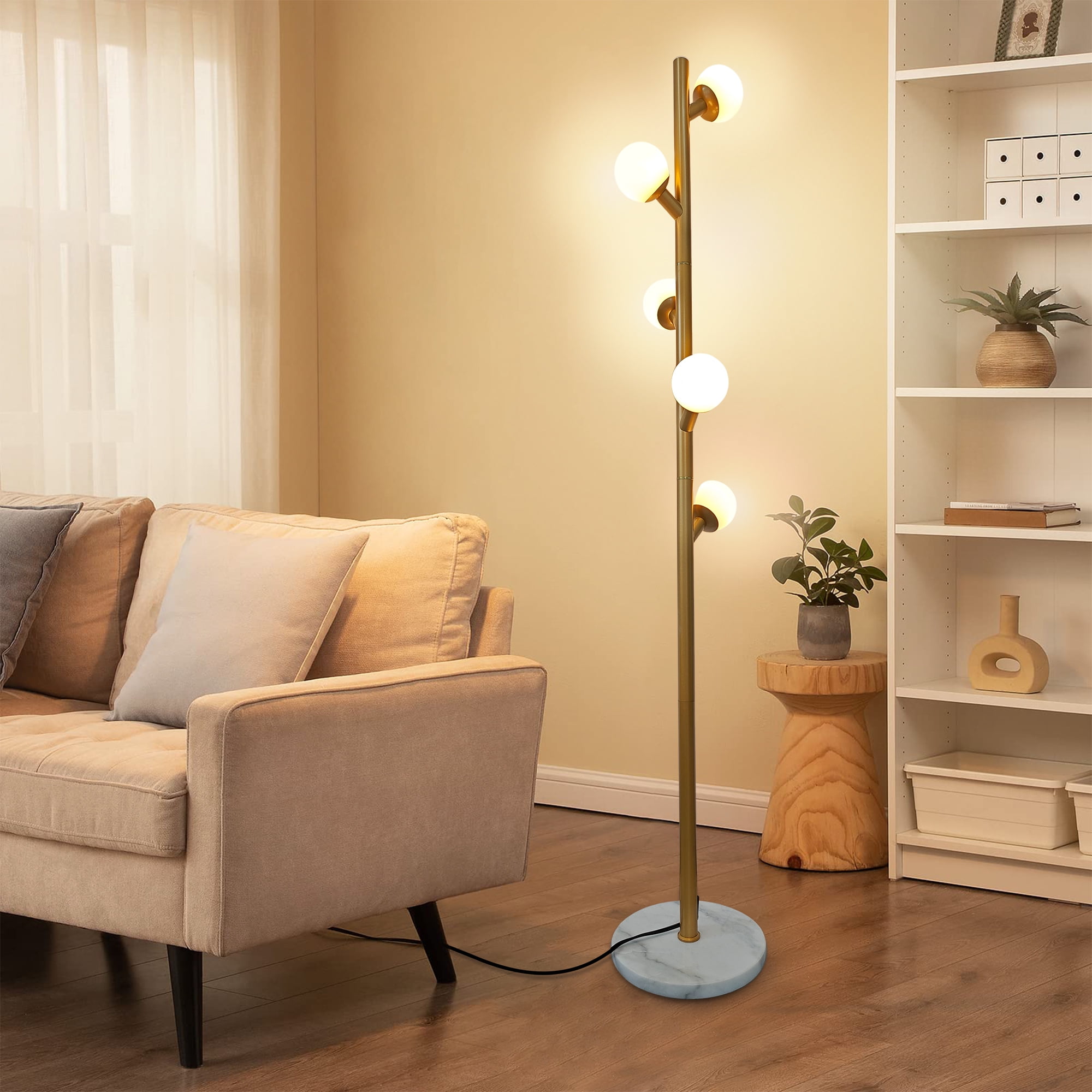 GCGAFUL 5 Glass Globe Floor Lamp for Living Room, Modern Gold Tree-Style Standing Lamp with  Weighted Base, 3000K Warm Soft Light for Bedroom Office