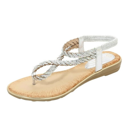 CHOII Clearance Summer Womens Flip-Flops Open Toe Casual Shoes Flats Buckle Strap Roman Sandals Minimalist Style Thong Sandals T-Strap Ankle Strap Sandals Thong Sandals Gold/9.5